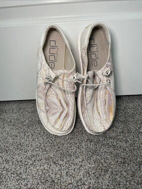 Hey Dude Women's Marble Print Slip-On Flats in White, Gold, and Sliver